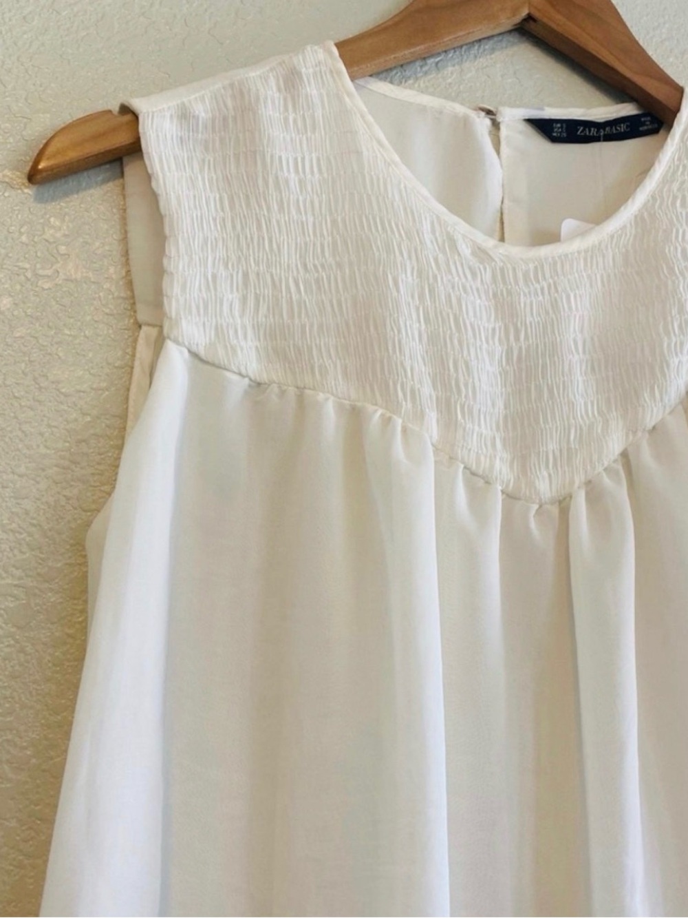 Zara White Sleeveless Smocked Yoke Blouse